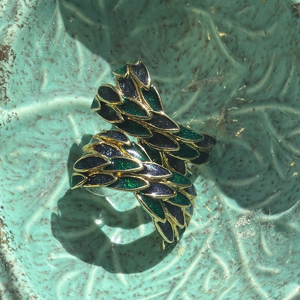 Vintage Edwin Pearl Peacock Gold and Blue/Green Enamel earrings